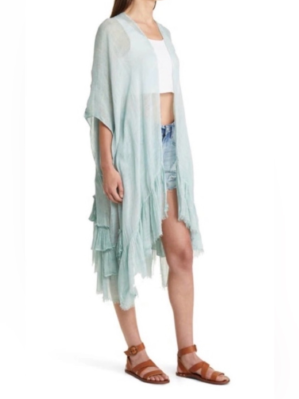 Free People Whisper Wash Mint Green Open Front Ruffled Shrug / Shawl (OS)